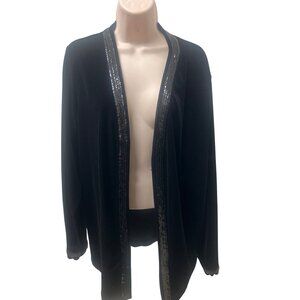 Vintage Luxe Black Velvet Open Long Sleeve Sequin Trim Cardigan